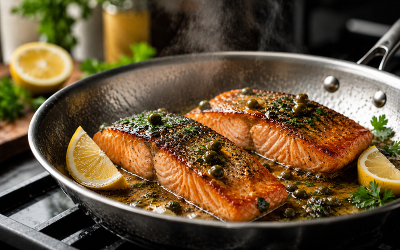Krokante zalm met citroen-botersaus